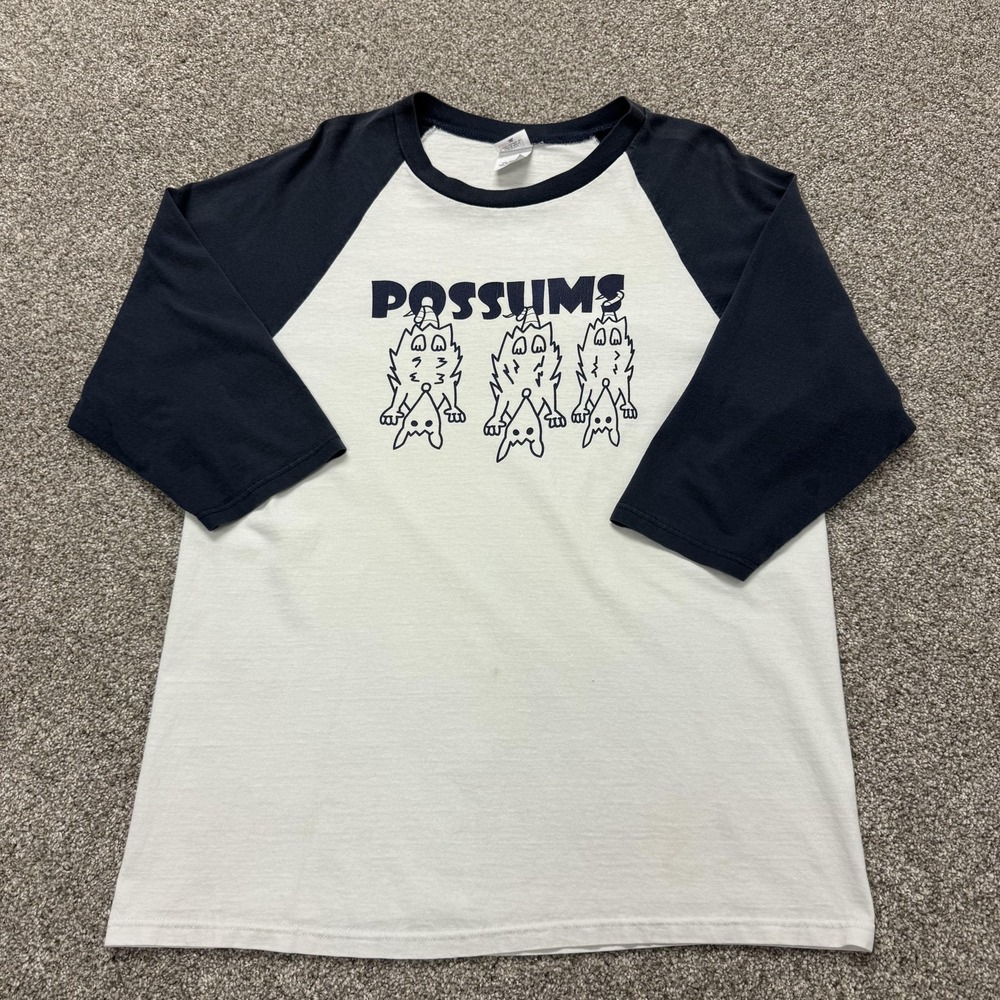 Y2K Anvil Possums Shirt Mens L White Navy 3/4 Sleeve Greek Tee T-Shirt Ringer